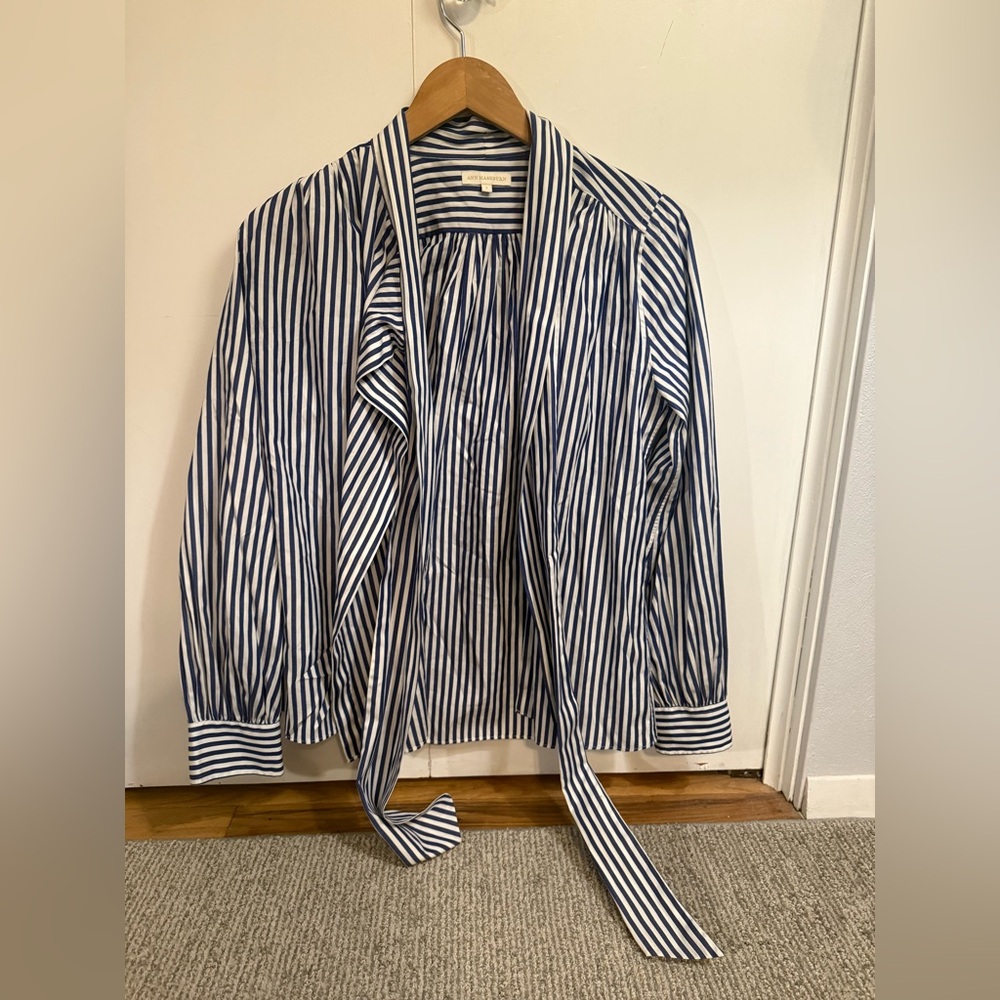 ANN MASHBURN Navy and White Vertical-Stripe Tie Blouse